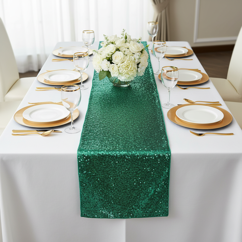 Lifestyle_Top_Emerald Green Glitz Sequin Table Runner Size: 12-13 X 108 in