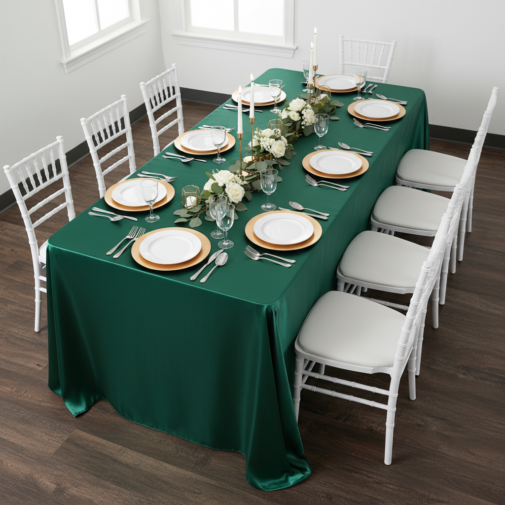 Lifestyle_Top_Emerald Green Satin 90" x 156" Rectangular Tablecloth
