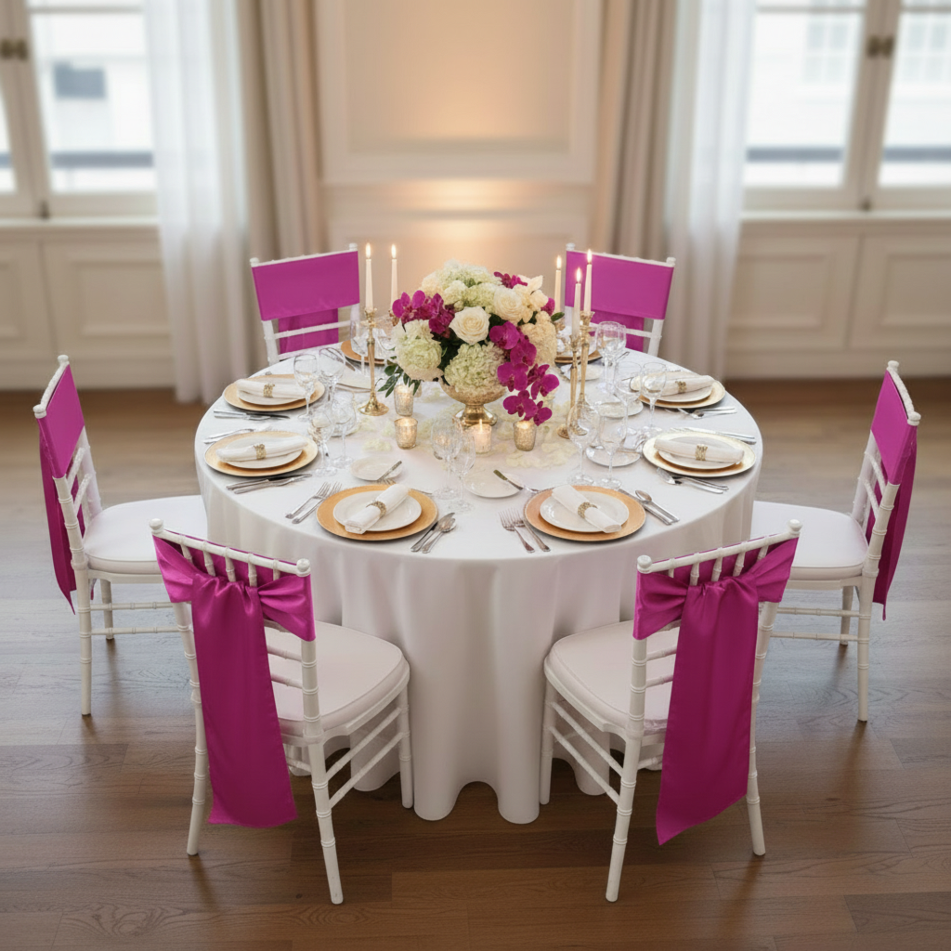 Lifestyle_Top_Fuchsia Standard Satin Chair Sash Size: 6 X 108 in