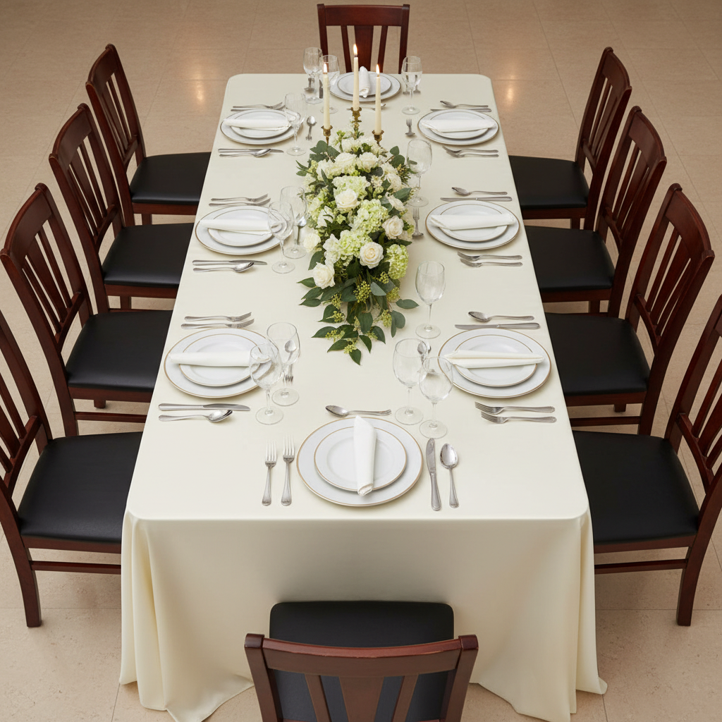 Lifestyle_Top_Ivory Lamour Satin Oblong 90" x 156" Rectangular Tablecloth