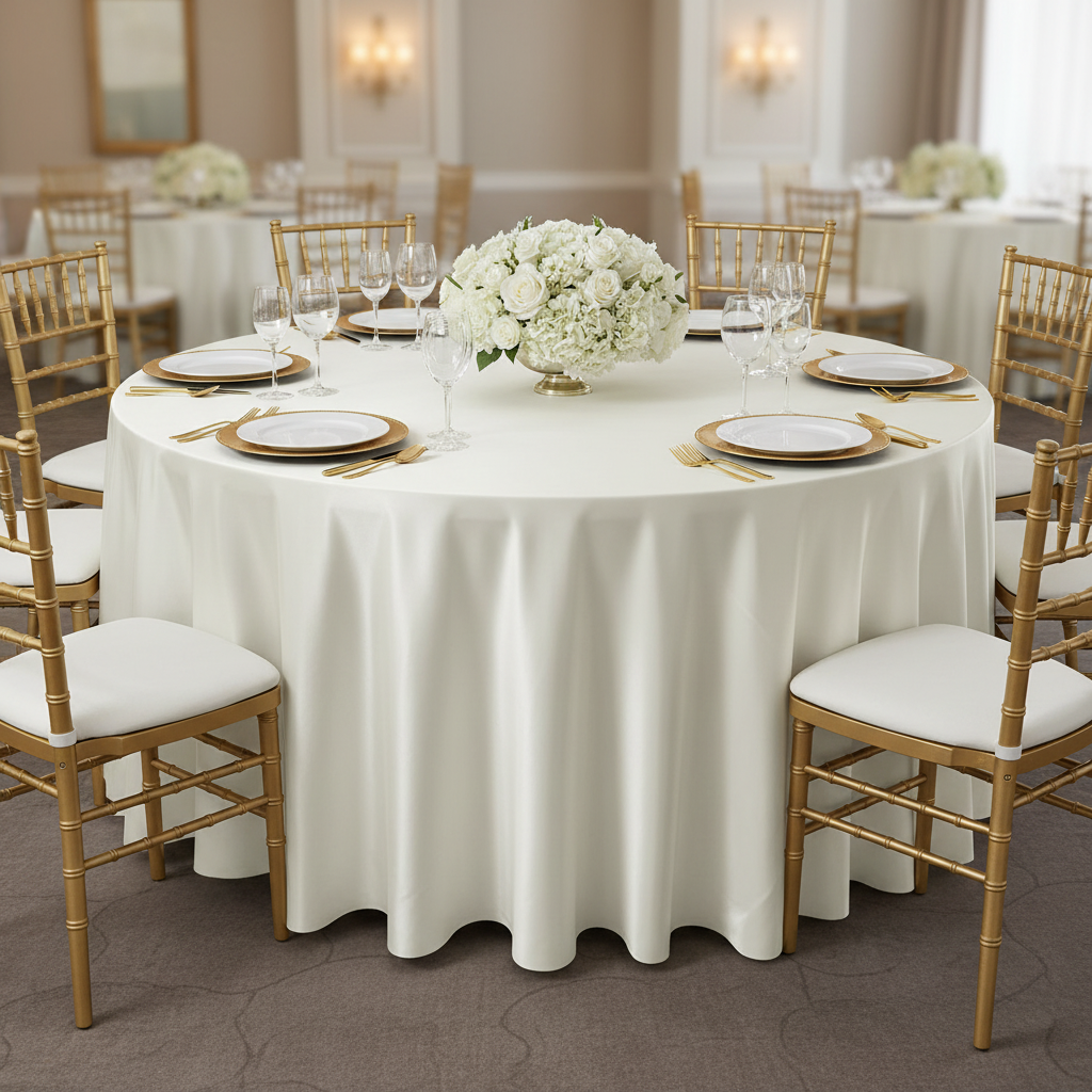 Lifestyle_Top_Ivory Satin Round Tablecloth Size: 132 in