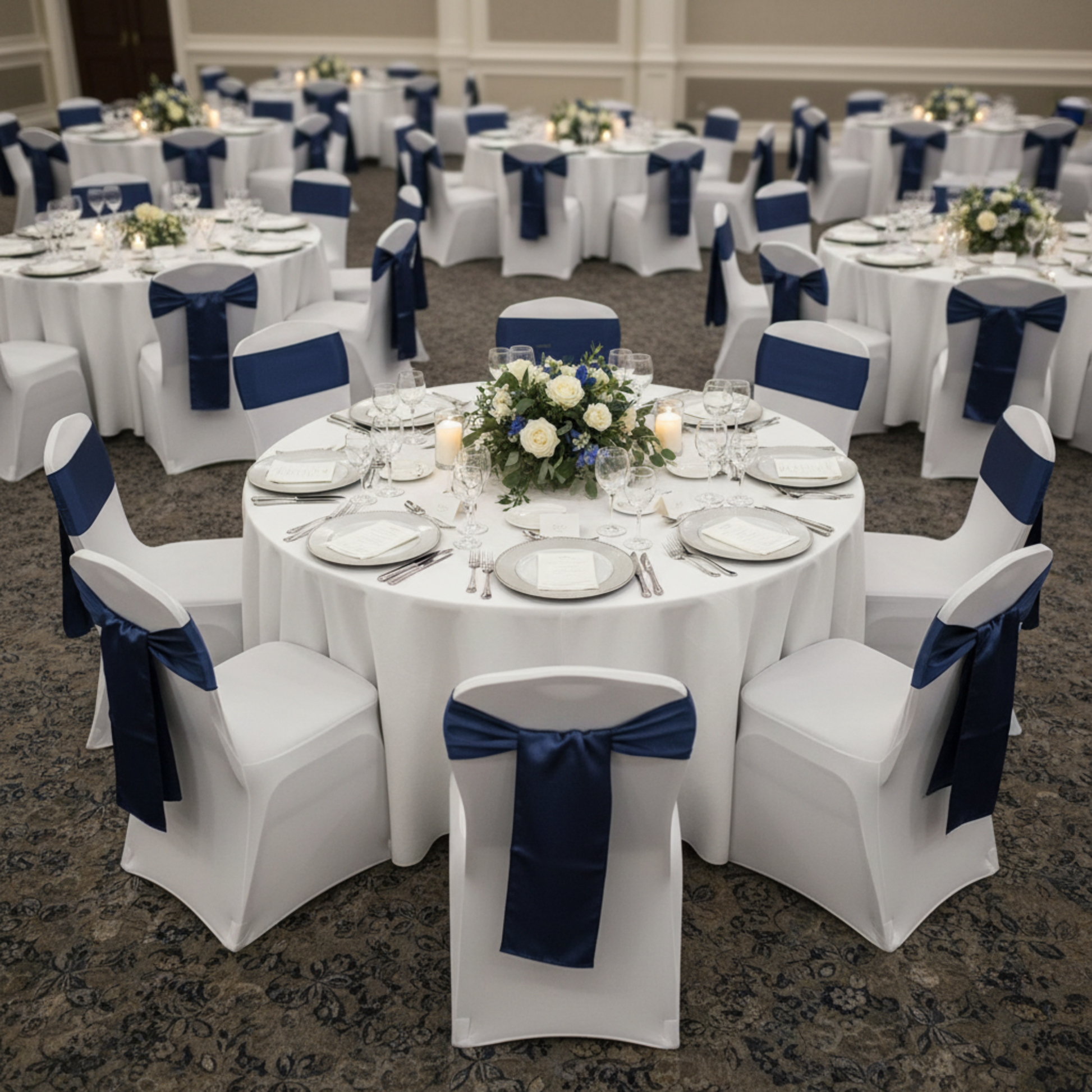 Lifestyle_Top_Navy Blue Standard Satin Chair Sash Size: 6 X 108 in