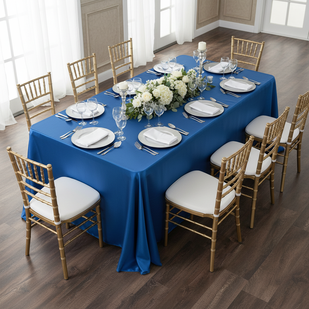 Lifestyle_Top_Royal Blue Satin Rectangular Tablecloth Size: 90 X 132 in