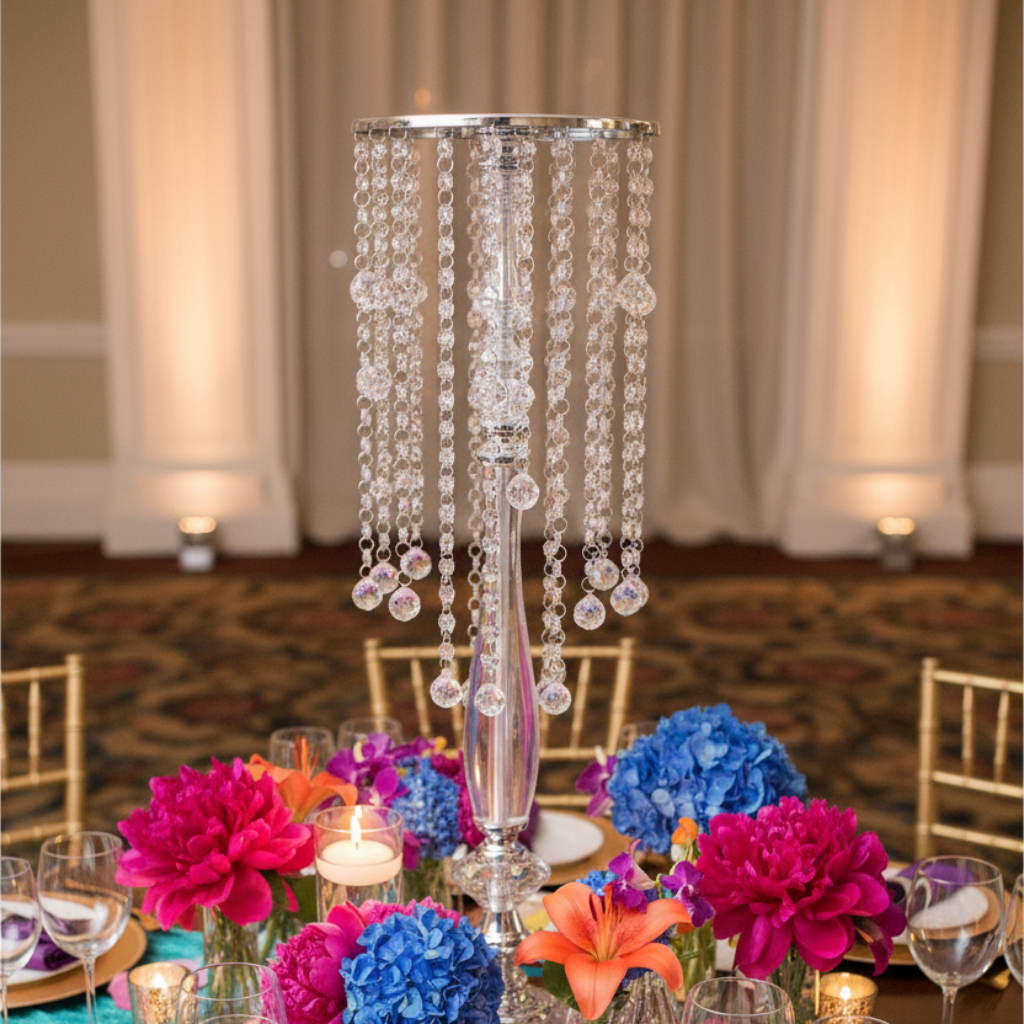 Lifestyle_Top_Silver Acrylic Crystal Drop Centerpiece Size: 27 in 