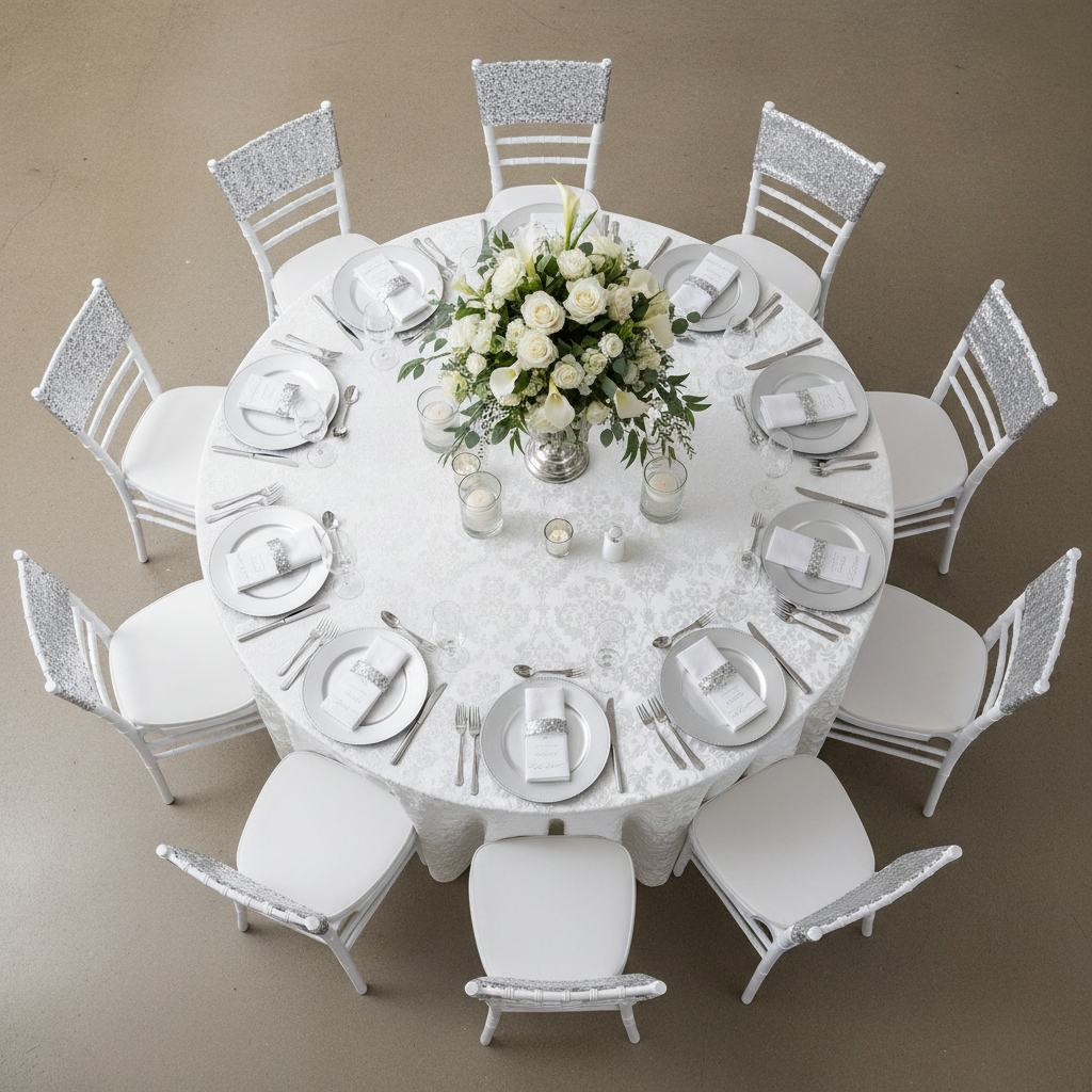 Silver Glitz Sequin Spandex Chair Band Size: 5-6 X 13 in styled on chiavari chair