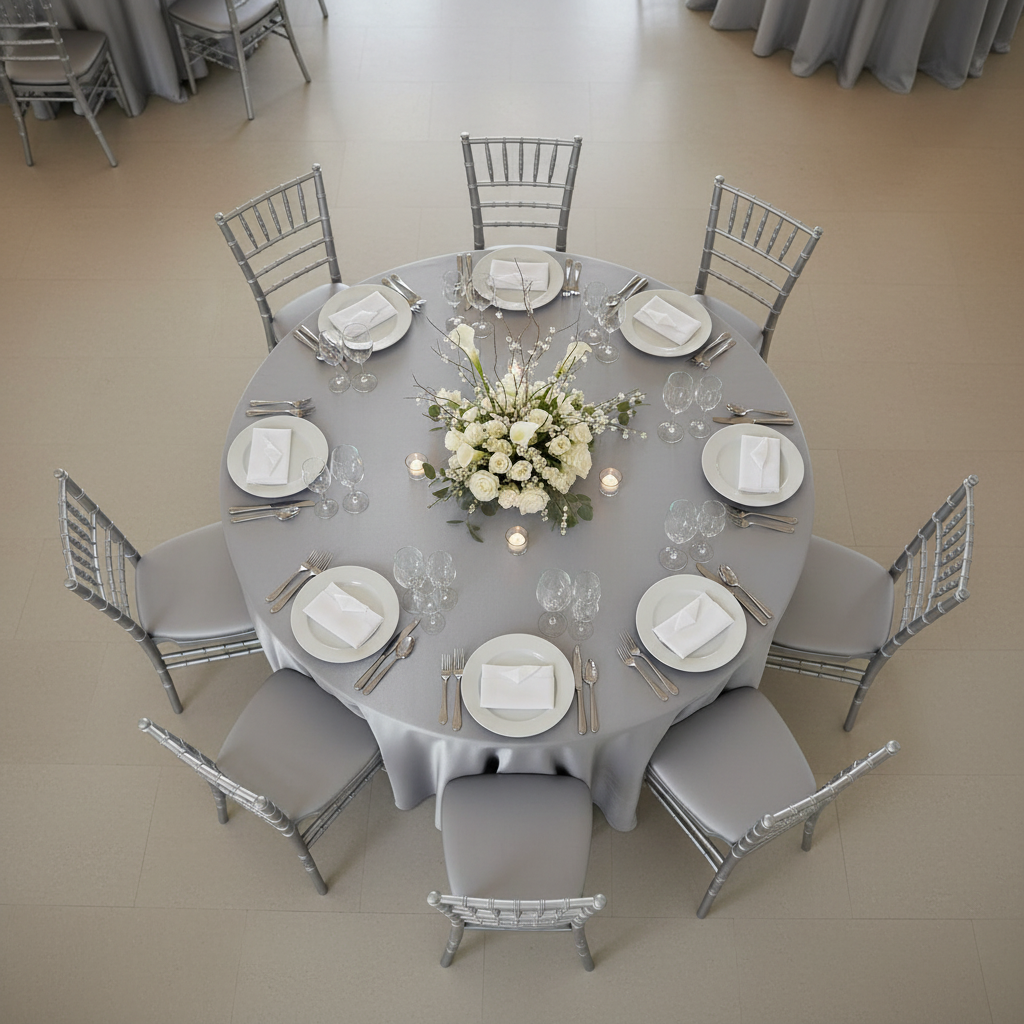 Lifestyle_Top_Silver Satin Round Tablecloth Size: 132 in