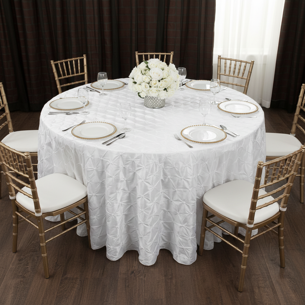 Lifestyle_Top_White Pinchwheel Round Tablecloth Size: 120 in