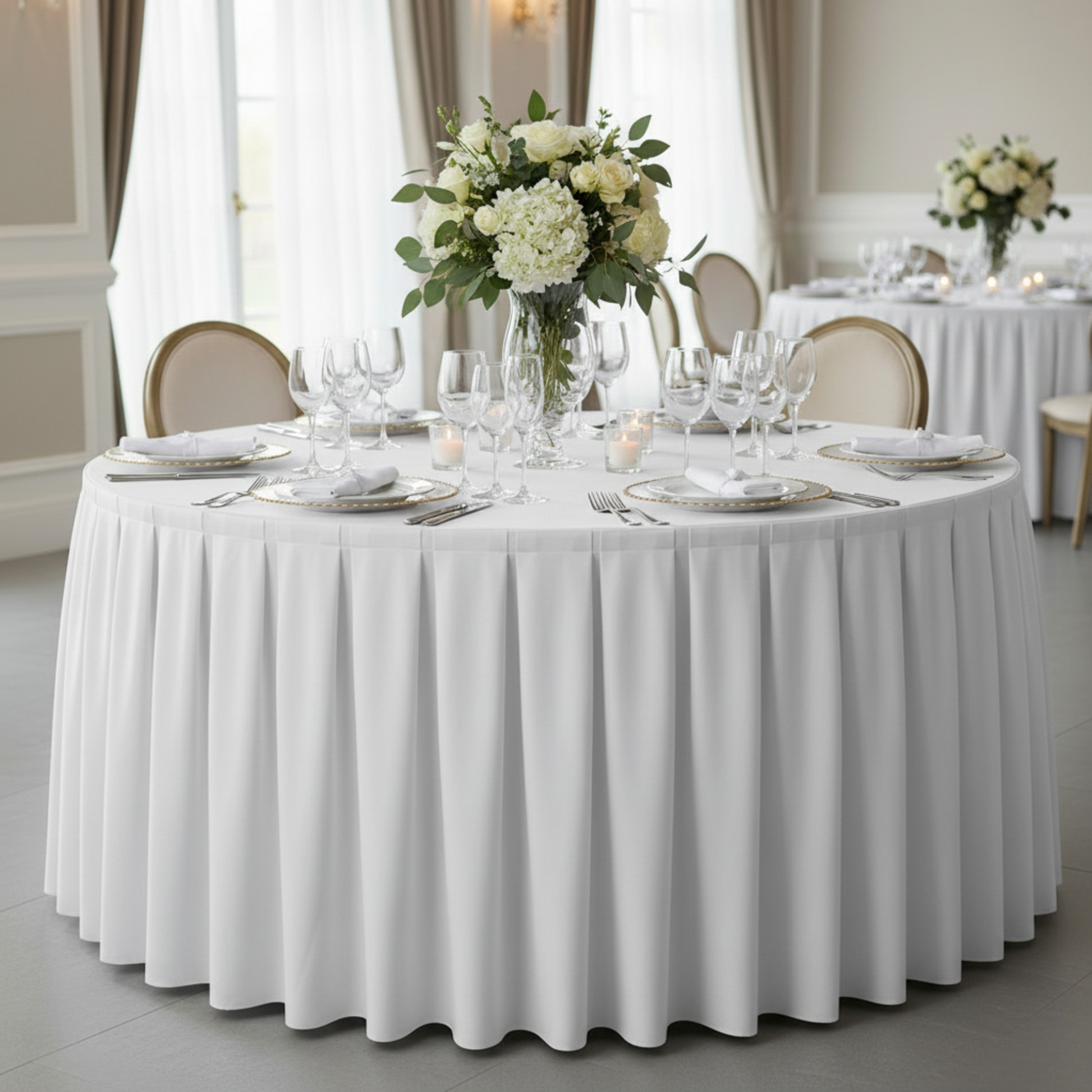 Lifestyle_Top_White Polyester Table Skirt Size: 21 ft 