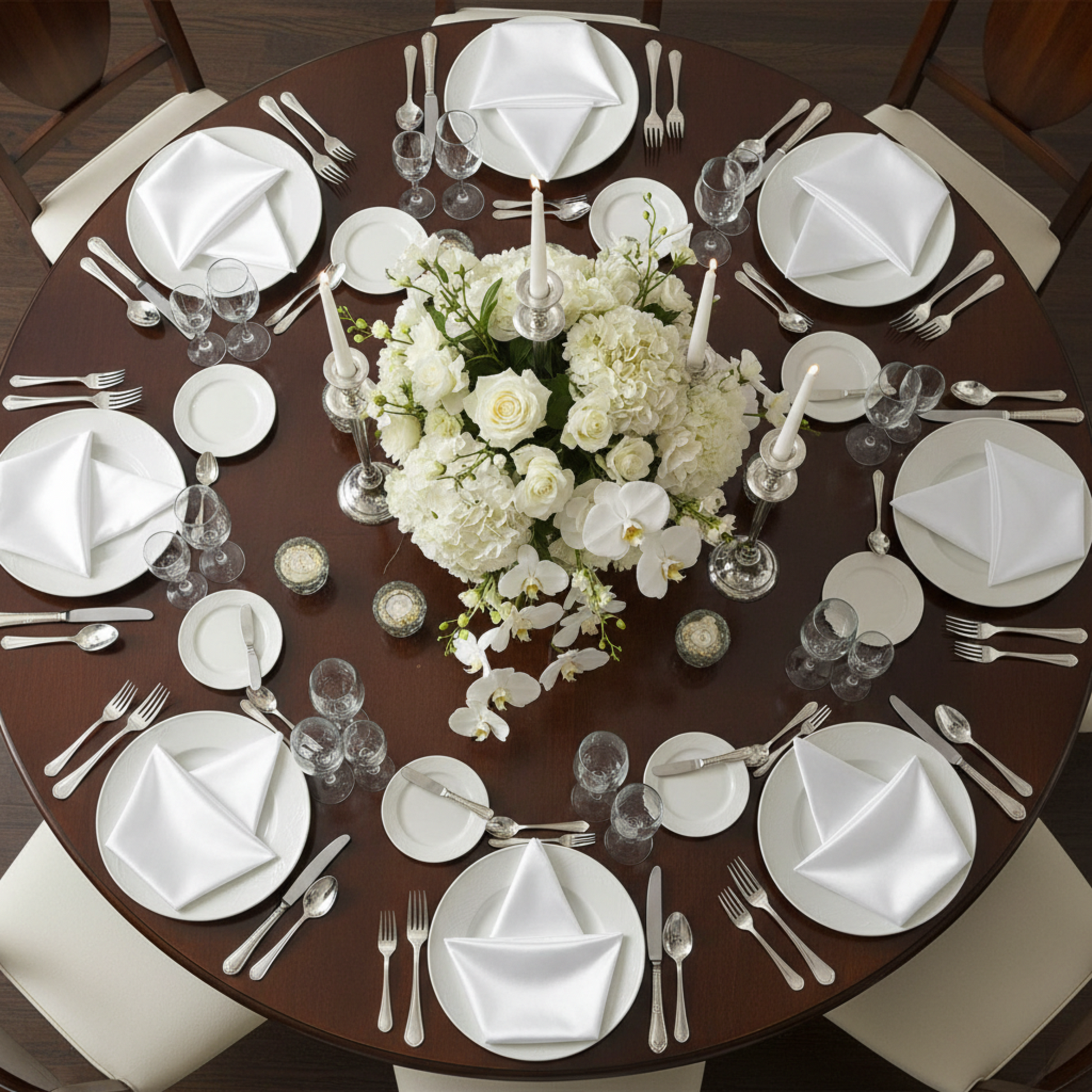 Lifestyle_Top_White Satin Napkin Size: 20 X 20 in 