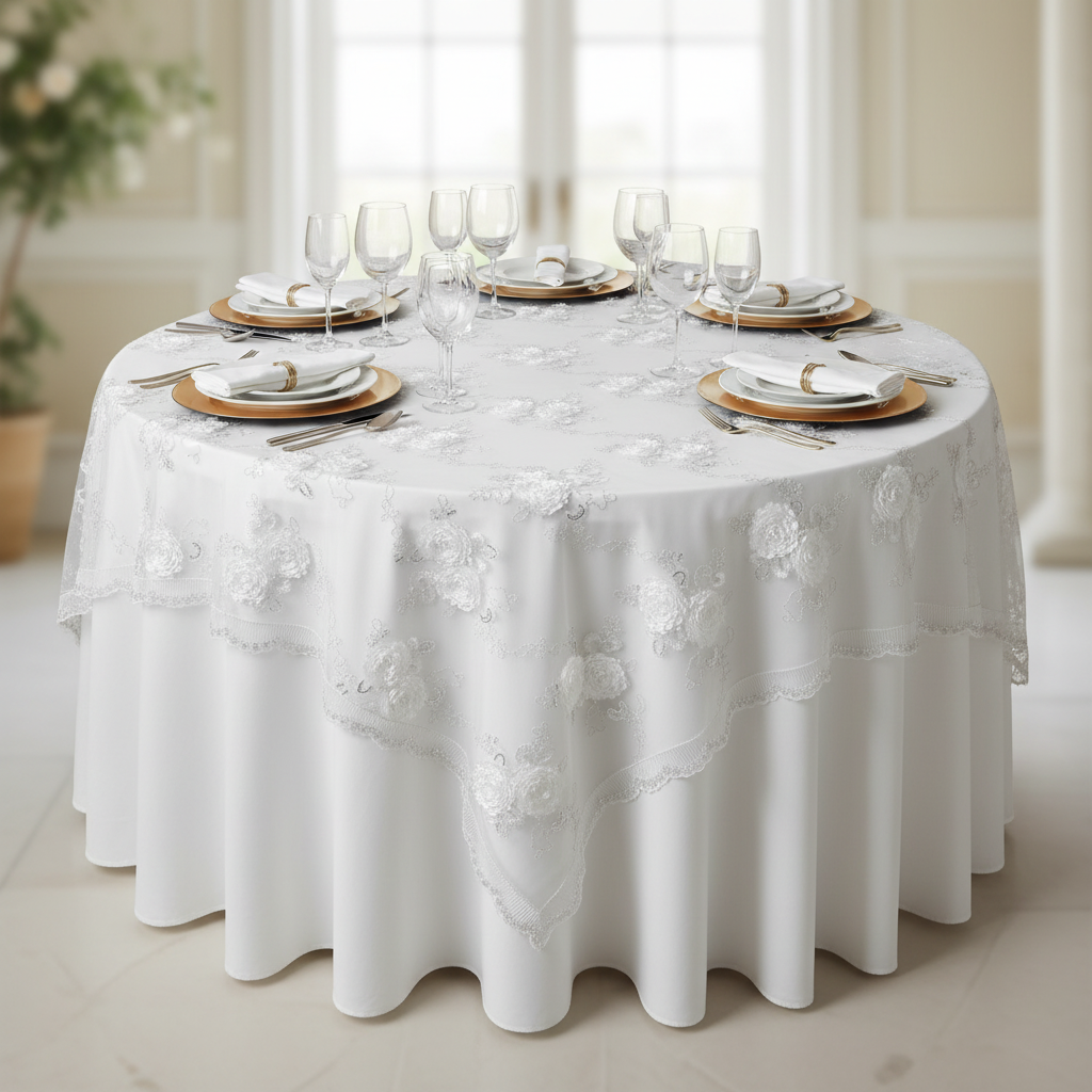 Lifestyle_Top_White Vintage Veil Embroidery Square Table Overlay Topper Size: 90 X 90 in 
