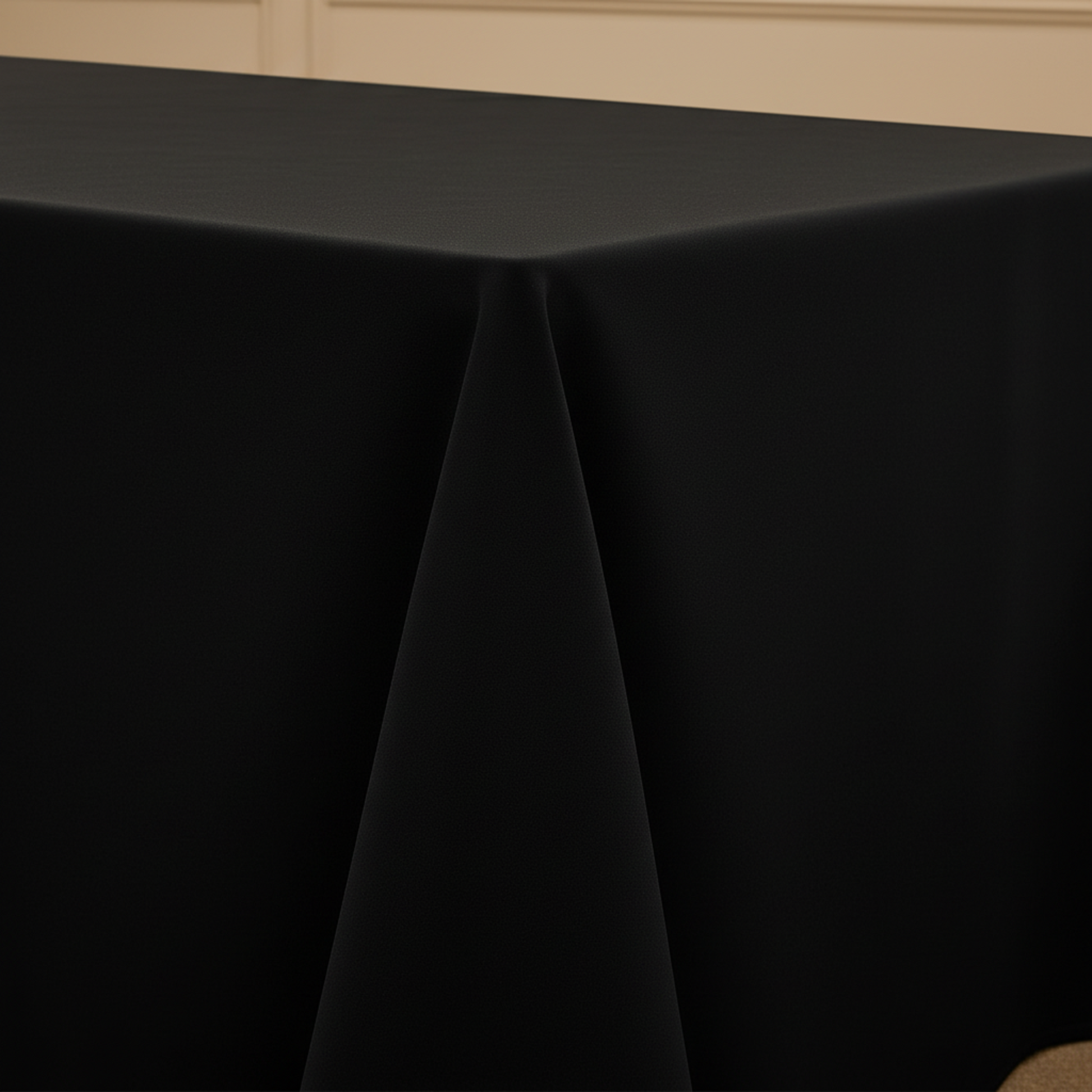 Lifestyle_ Detail_Black Premium Polyester King Rectangular Tablecloth (Square Corners) Size: 108 X 156 in 