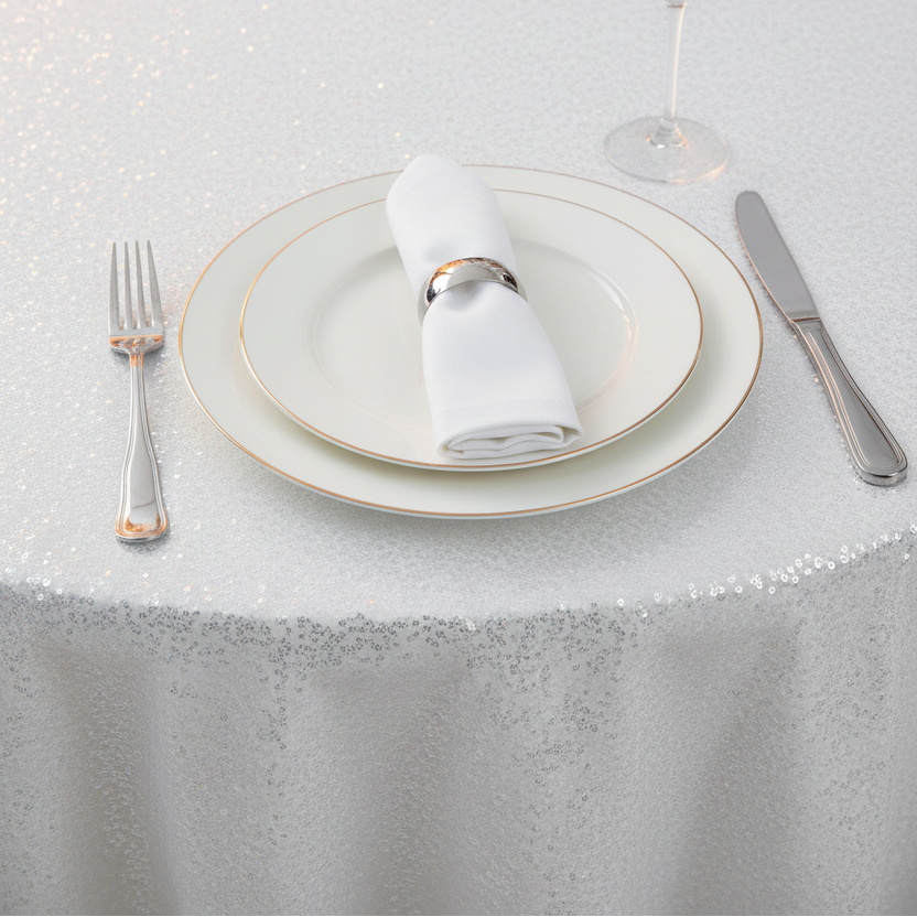 Lifestyle_ Detail_White Glitz Sequins Round Tablecloth Size: 120 in