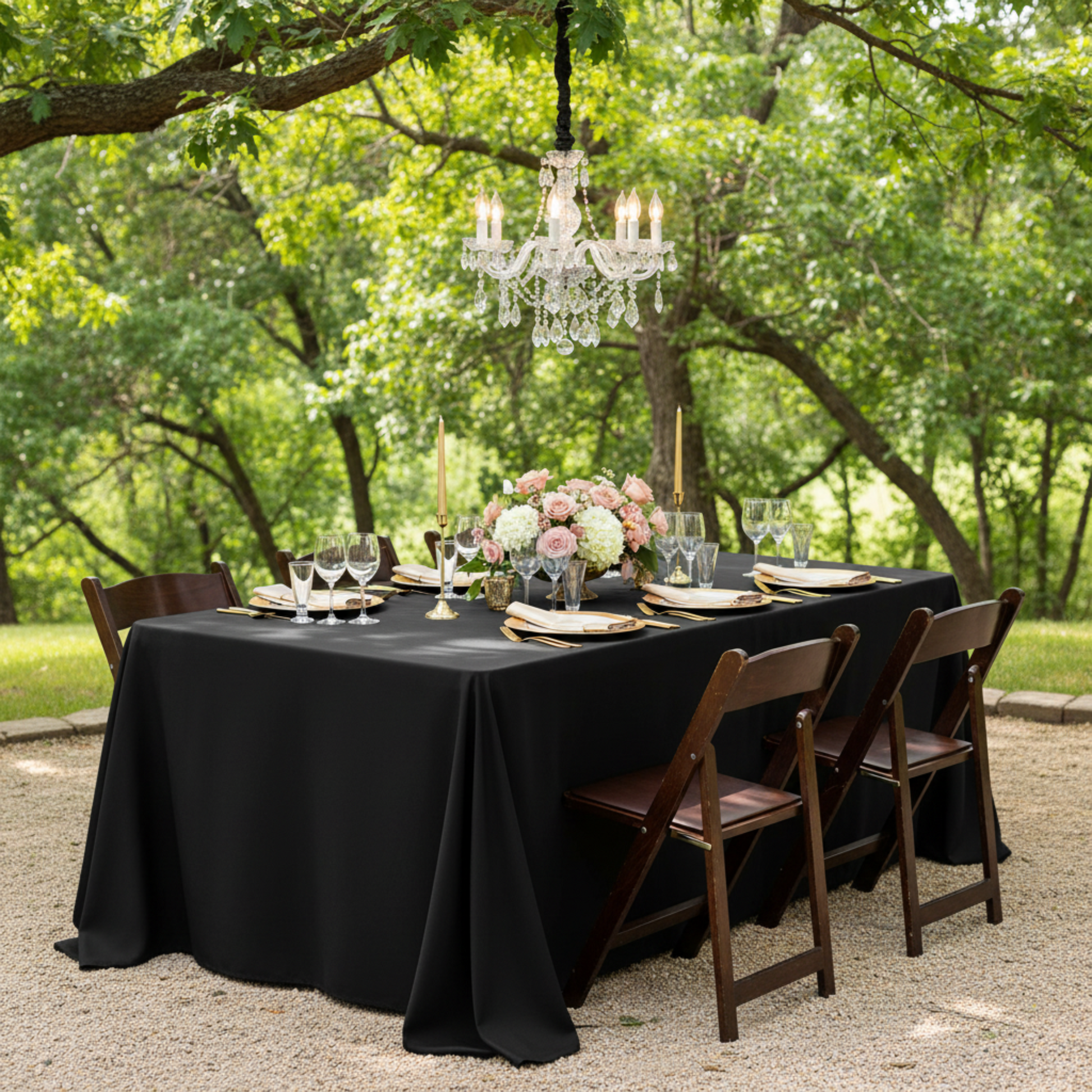 Lifestyle_ Front_Black Premium Polyester King Rectangular Tablecloth (Square Corners) Size: 108 X 156 in 