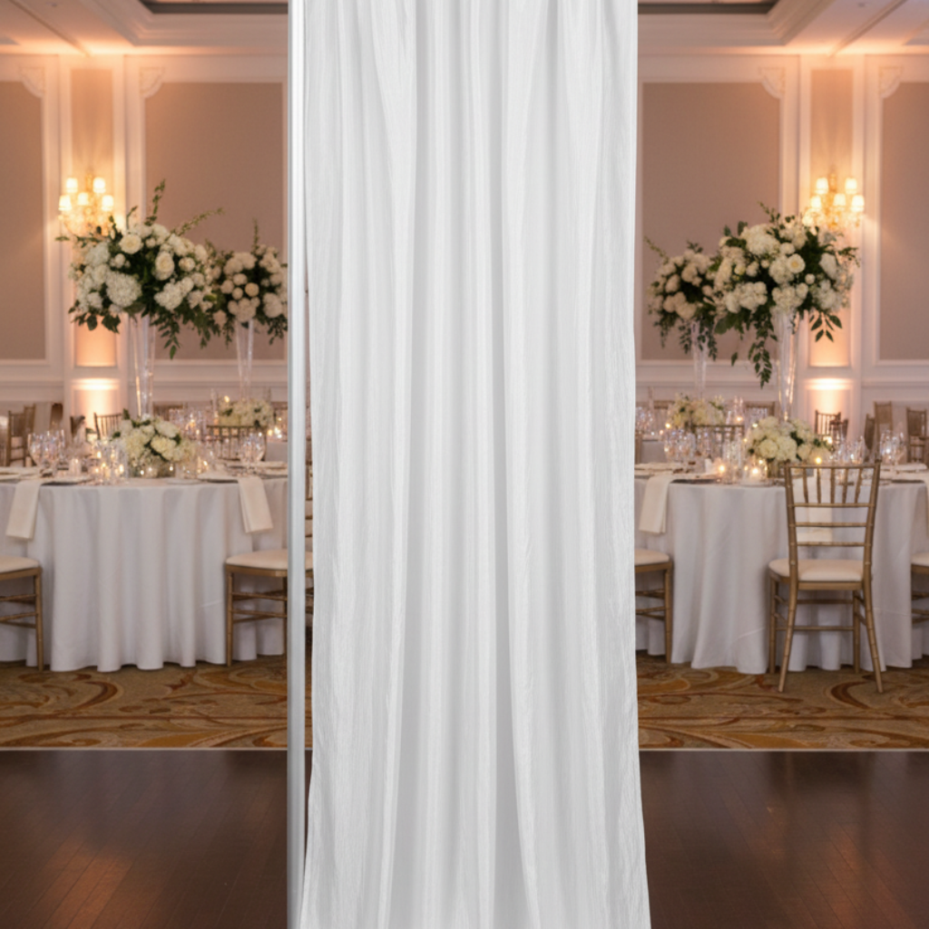 Front view  - White accordion crinkle drape in event setting