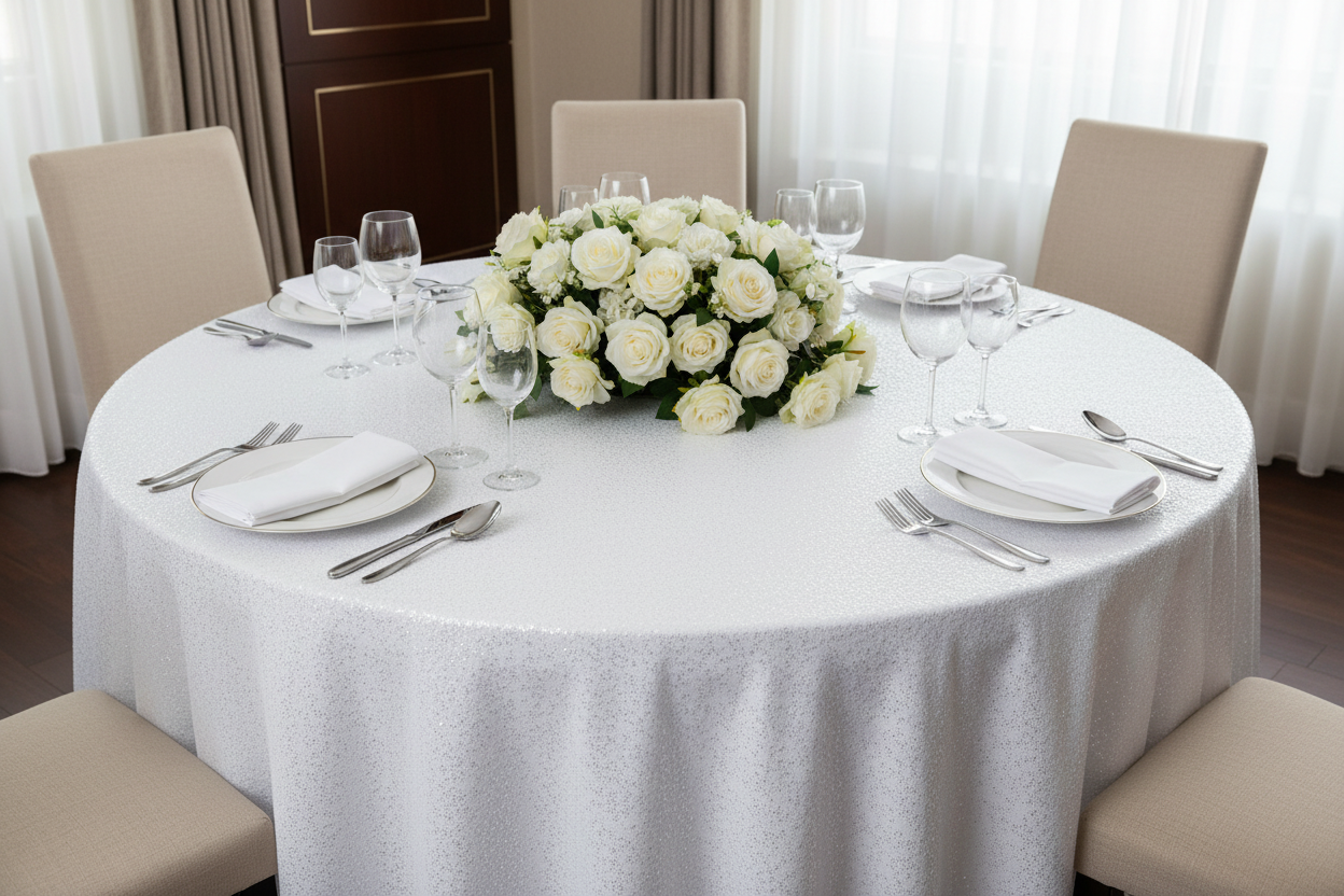 Lifestyle_ Front_White Glitz Sequins Round Tablecloth Size: 120 in