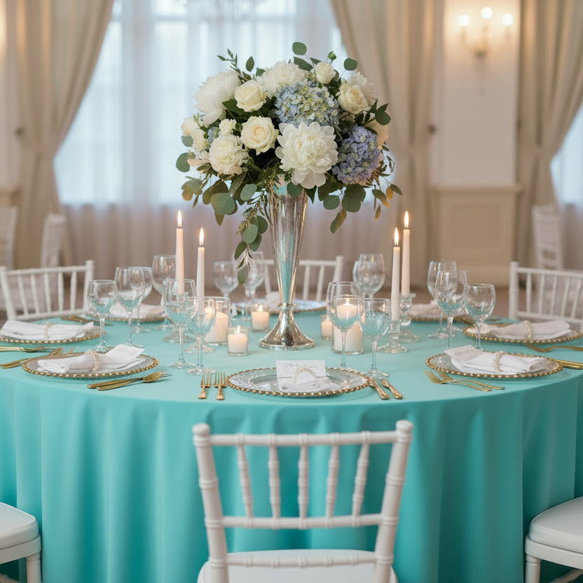 Side View Mockup - Turquoise 120" Round Tablecloth