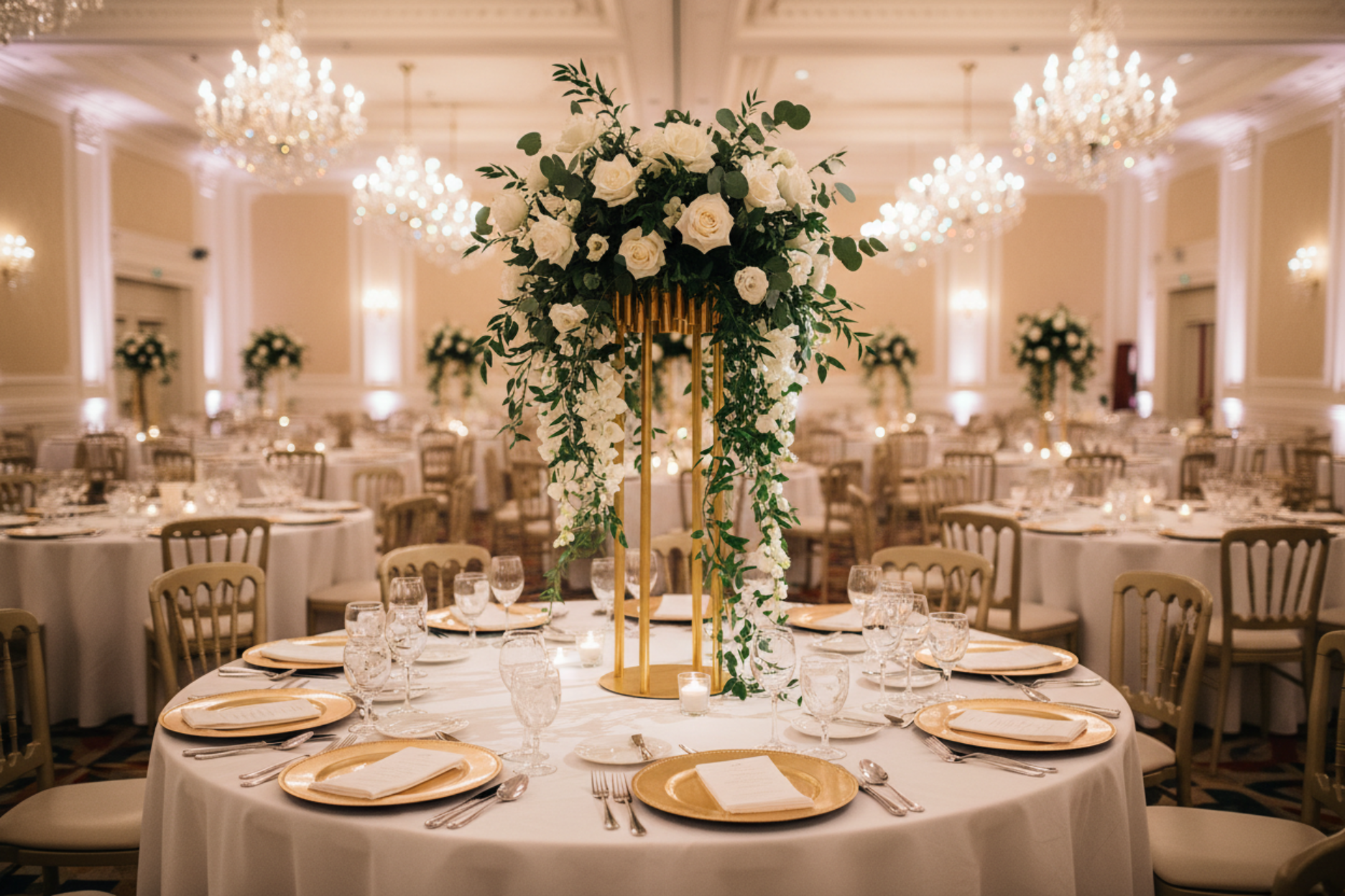 hotel wedding reception with Luxe Drum Table Centerpiece Stand - Gold