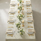birdseye view of the Luxury Boucle Rectangular Tablecloth Beige with dinner plates and luxury boucle napkins beige