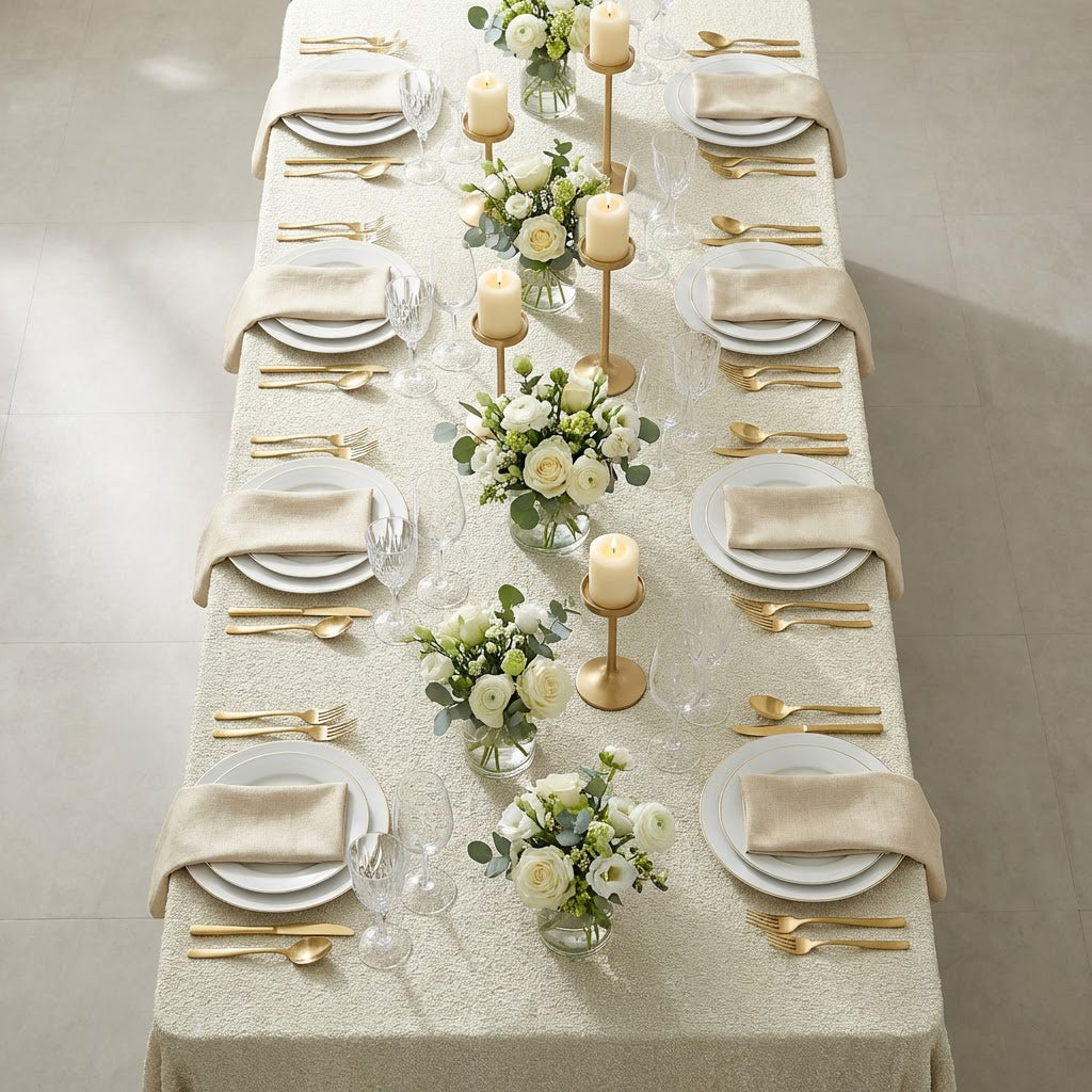 birdseye view of the Luxury Boucle Rectangular Tablecloth Beige with dinner plates and luxury boucle napkins beige