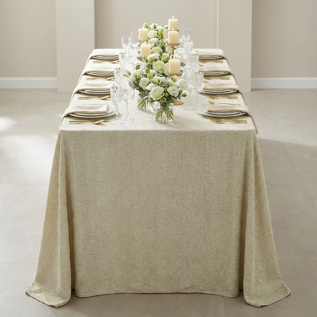 Luxury Boucle Rectangular Tablecloth Beige with dinner plates and luxury boucle napkins beige