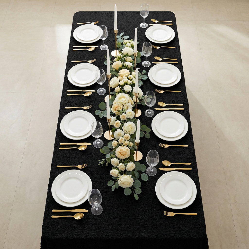 birdseye view of the Luxury Boucle Rectangular Tablecloth Black white dinner plates, gold flatware and wine glasses
