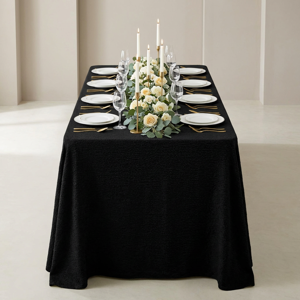 Luxury Boucle Rectangular Tablecloth Black white dinner plates, gold flatware and wine glasses