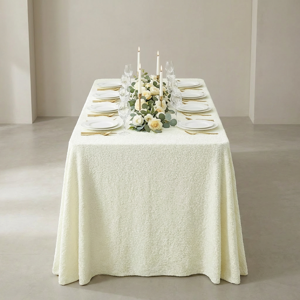 Luxury Boucle Rectangular Tablecloth Ivory white dinner plates and gold flatware