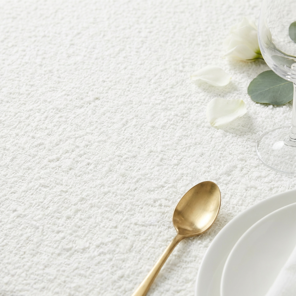 Luxury Boucle Rectangular Tablecloth - White fabric close up