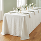 Luxury Boucle Rectangular Tablecloth - White with dinner plates, white napkins and water glasses