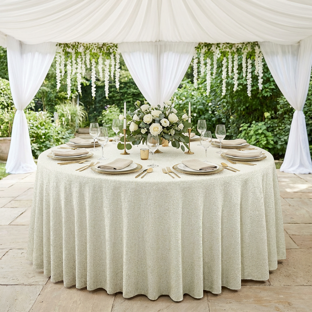 Luxury Boucle Round Tablecloth Beige outdoor with hanging with wisteria florals, gold charge rplates and floral centerpiece