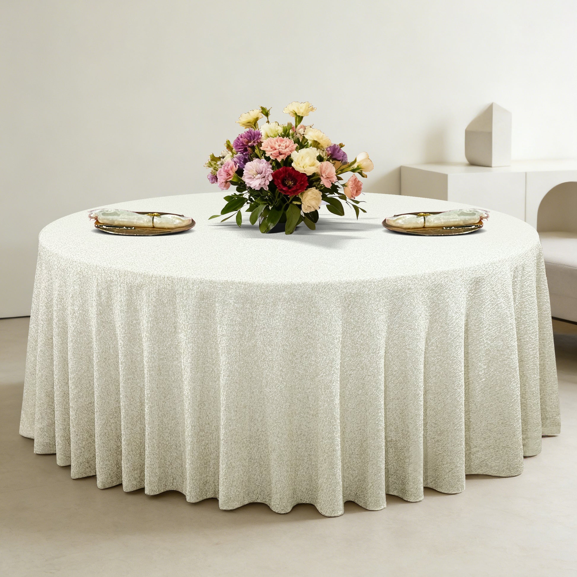 Luxury Boucle Round Tablecloth Beige mock up