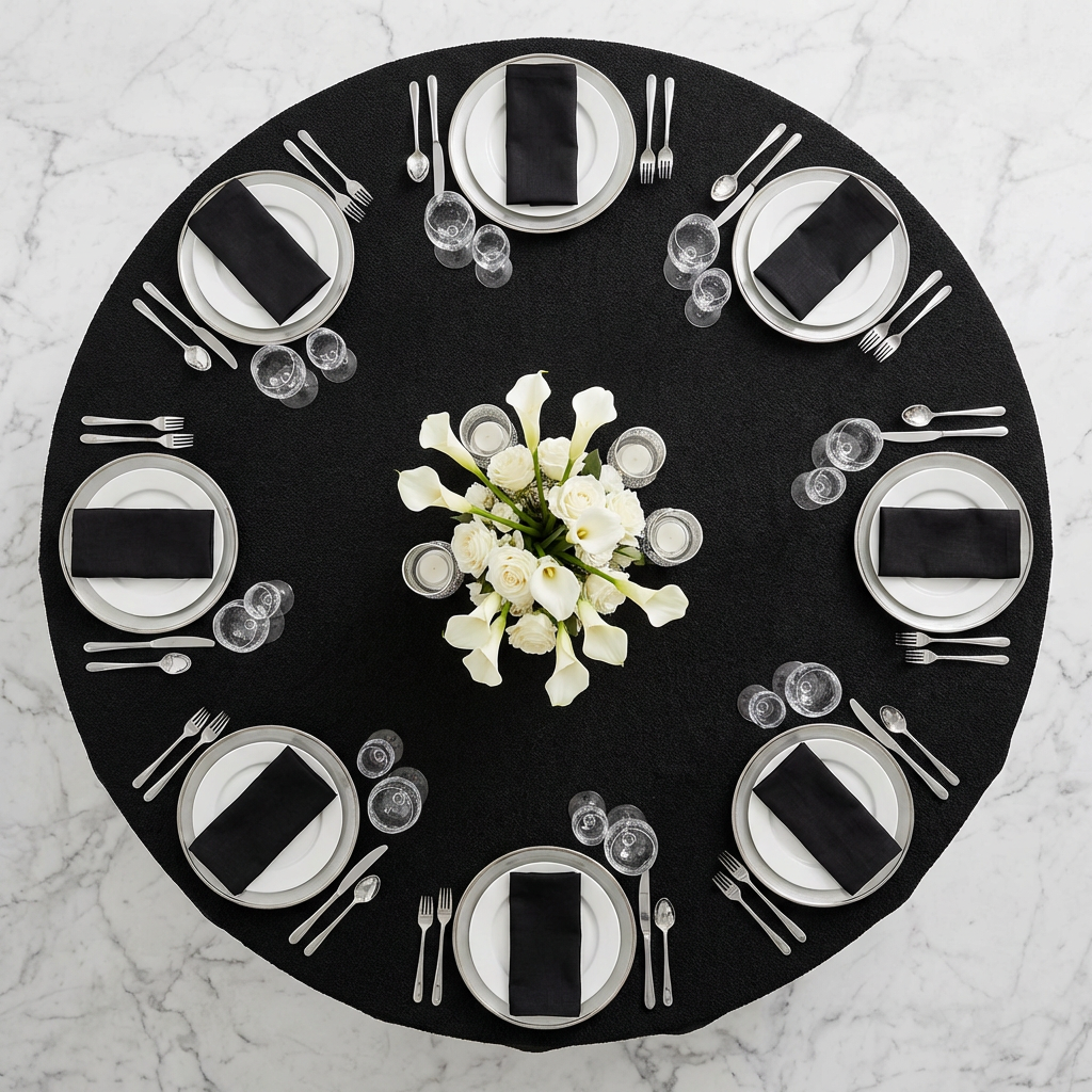 Luxury Boucle Round Tablecloth Black birdseye view