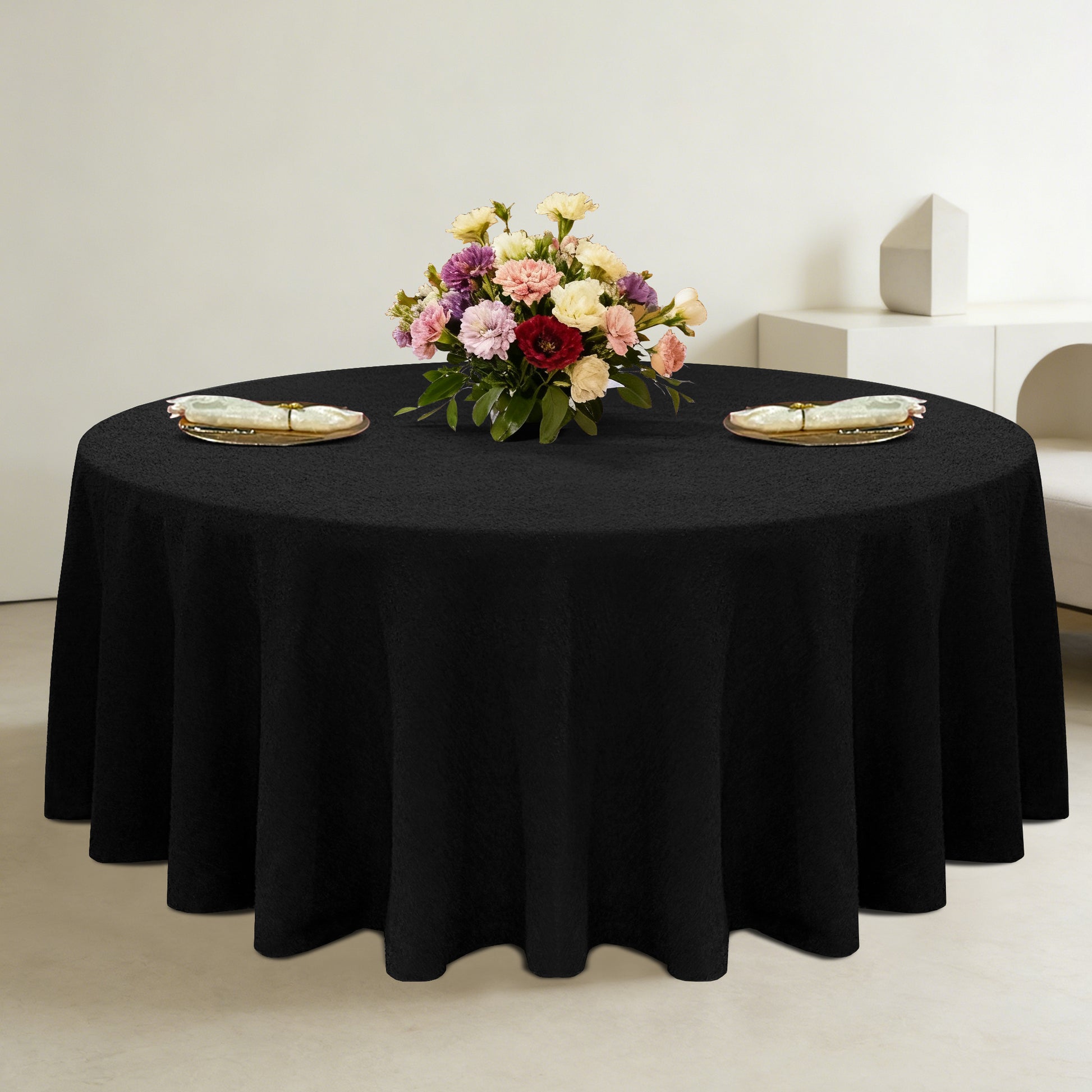 Luxury Boucle Round Tablecloth Black mock up