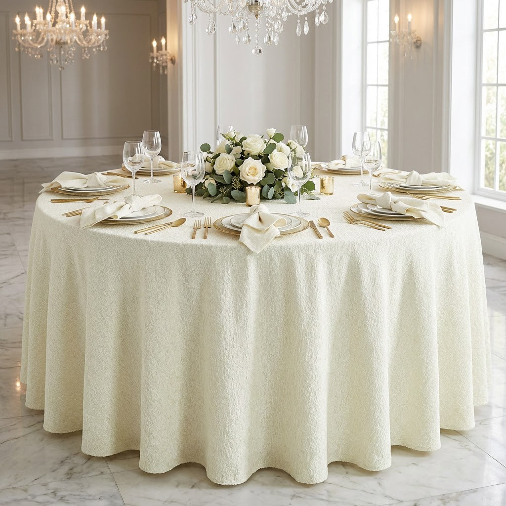 Luxury Boucle Round Tablecloth Ivory on a round table with gold charger plates