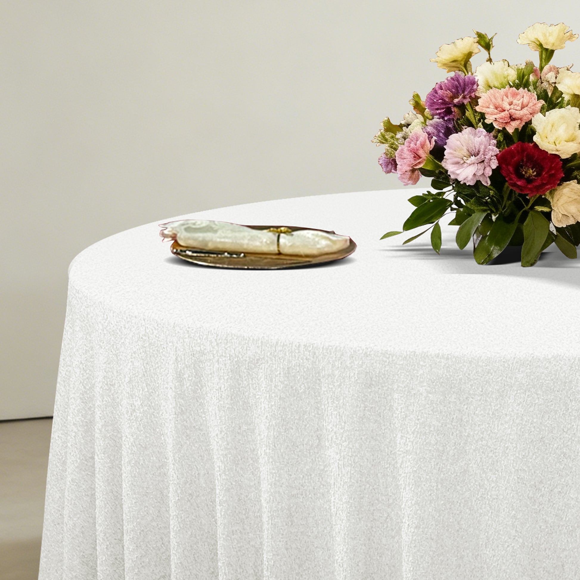 Luxury Boucle Round Tablecloth White 
side close up
