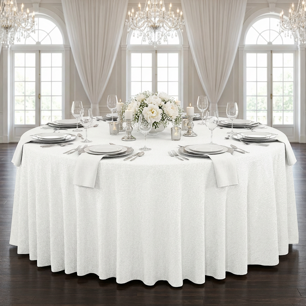 Luxury Boucle Round Tablecloth White 
with silver charger plates and floral centerpiece