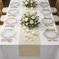 birdseye view Luxury Boucle Table Runner Beige on top of a white tablecloth