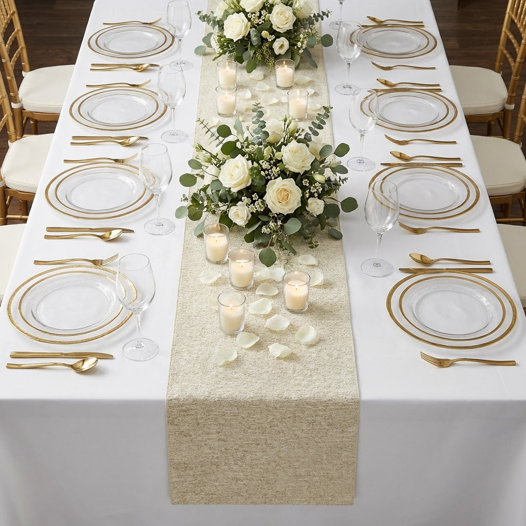 birdseye view Luxury Boucle Table Runner Beige on top of a white tablecloth