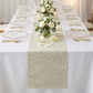 Luxury Boucle Table Runner Beige on top of a white tablecloth