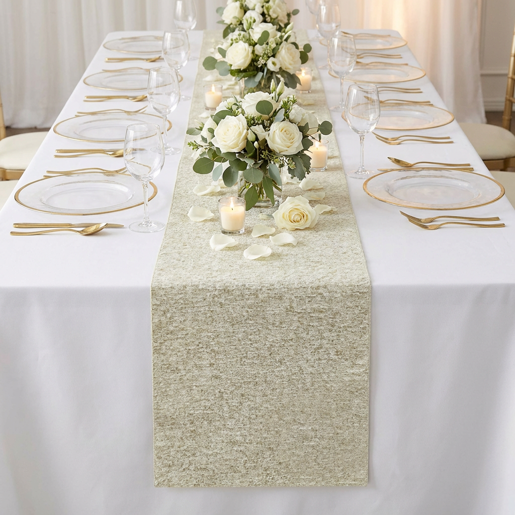 Luxury Boucle Table Runner Beige on top of a white tablecloth