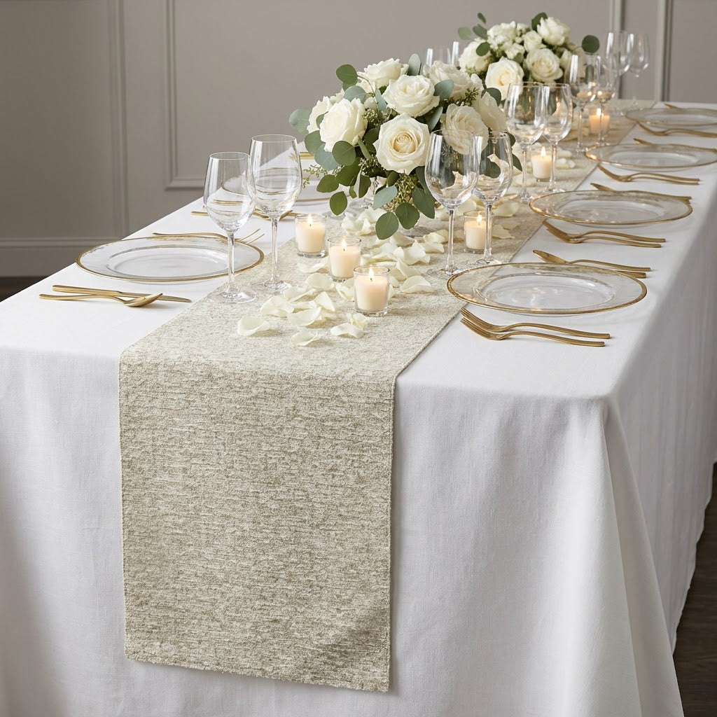 angled view Luxury Boucle Table Runner Beige on top of a white tablecloth