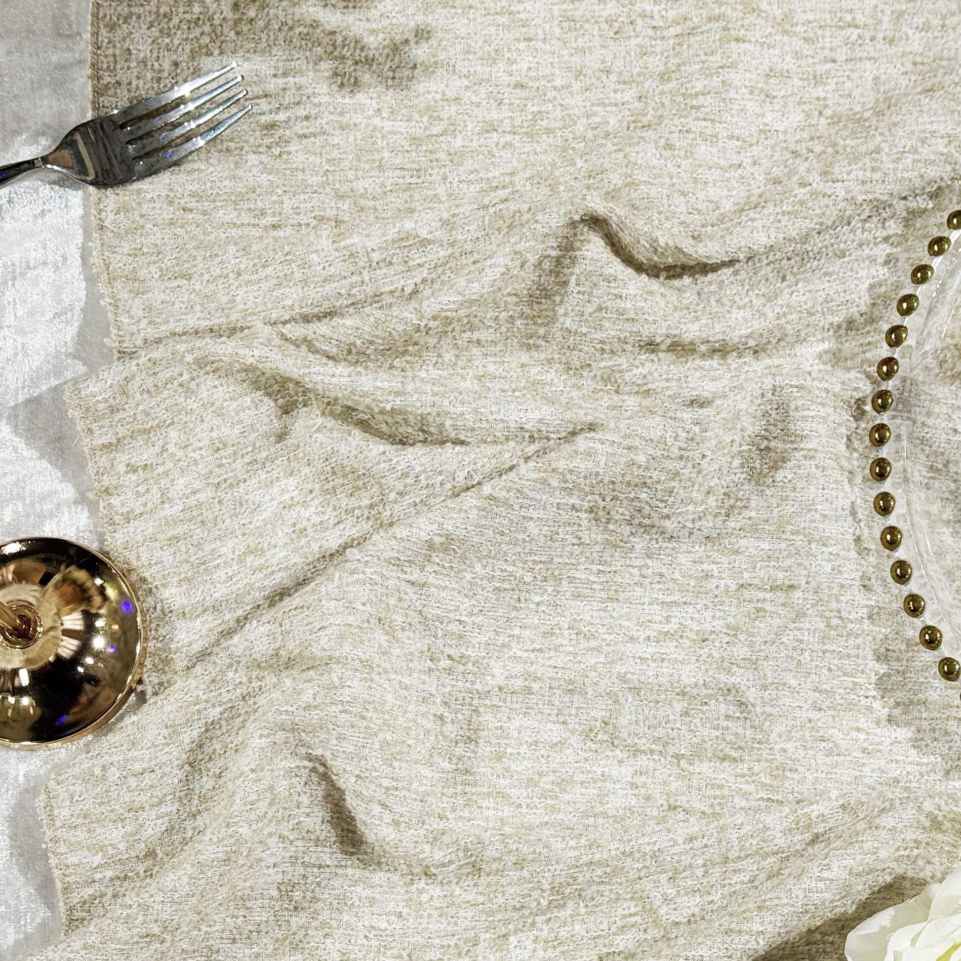 Luxury Boucle Table Runner Beige ruched on a table