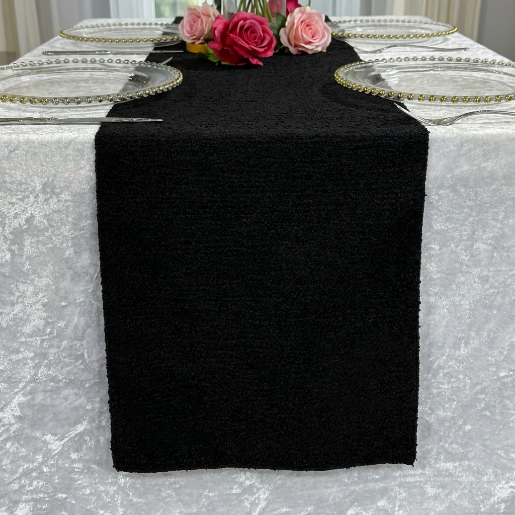 Luxury Boucle Table Runner Black drop over the table close up

