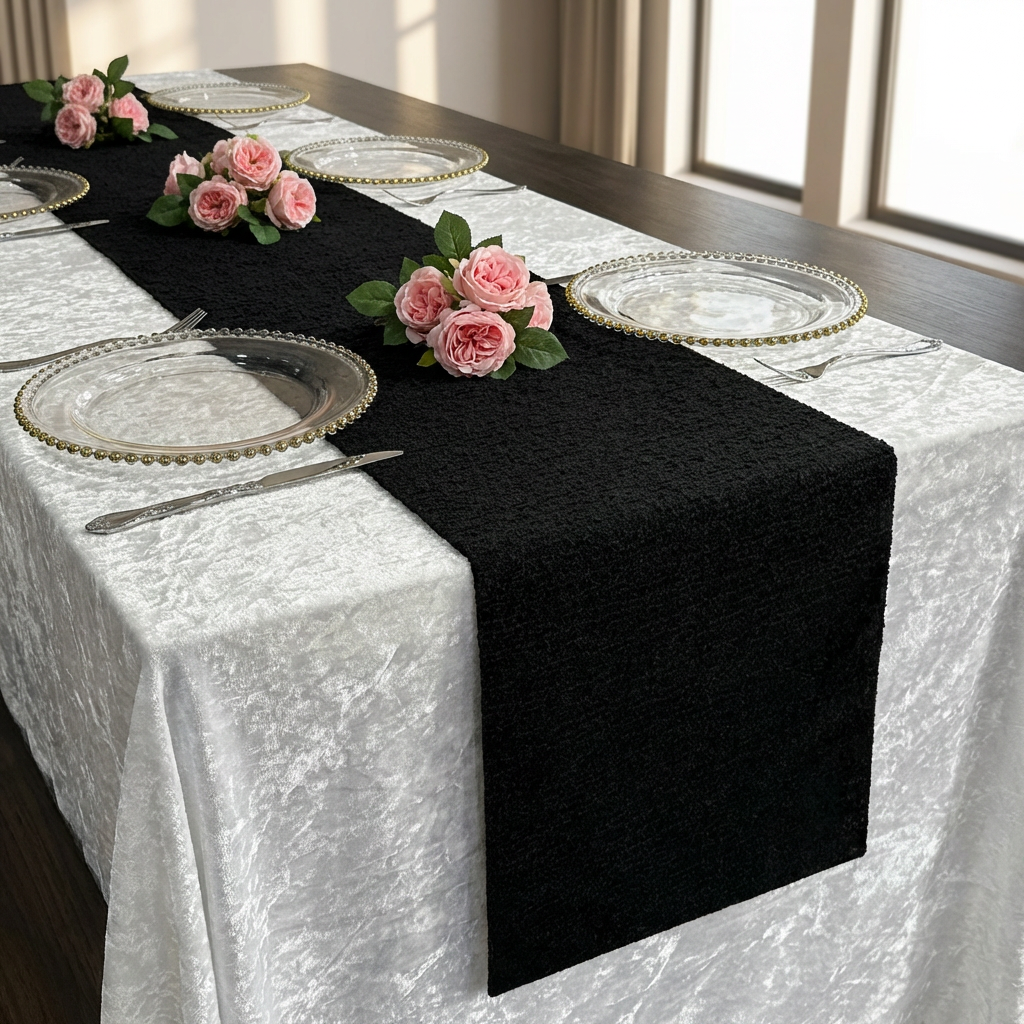 Luxury Boucle Table Runner Black on top of white velvet tablecloth
