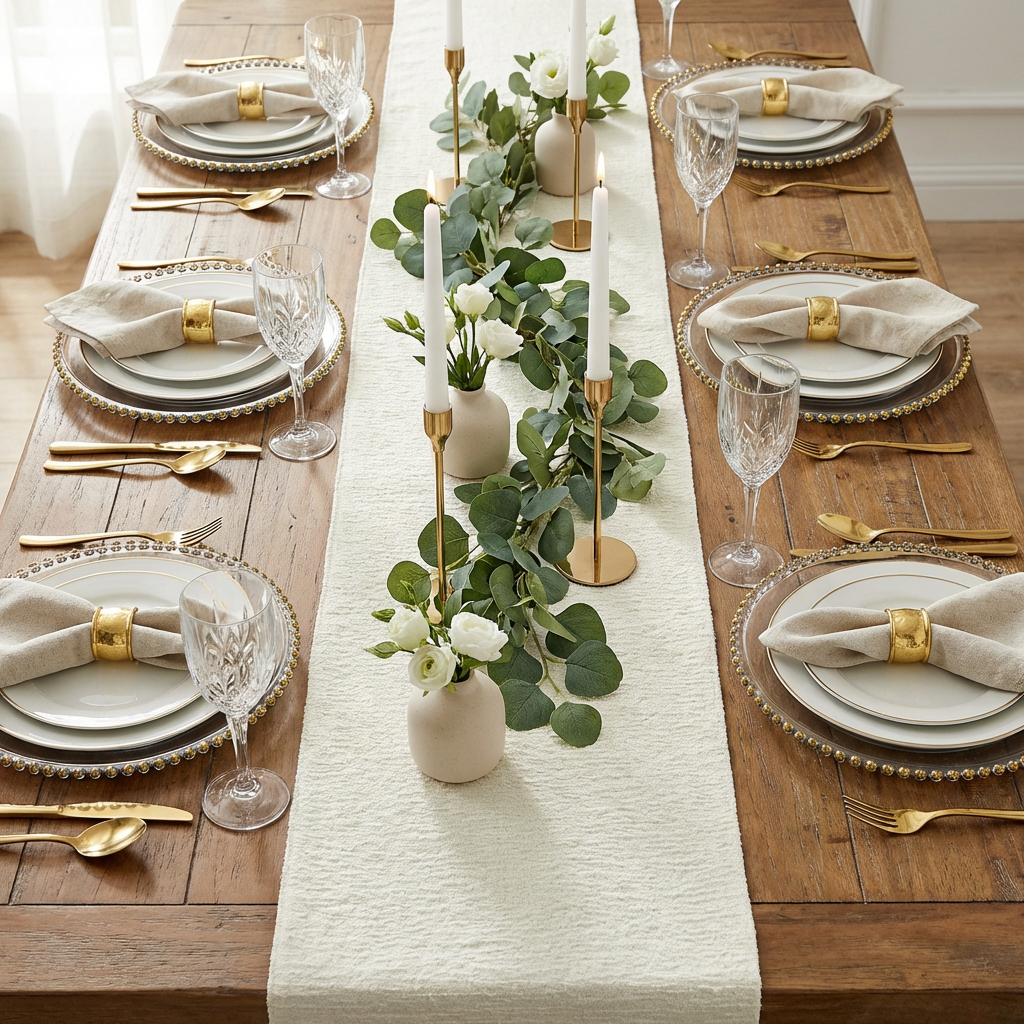 Luxury Boucle Table Runner Ivory on a brown table with candles and greenery garland
