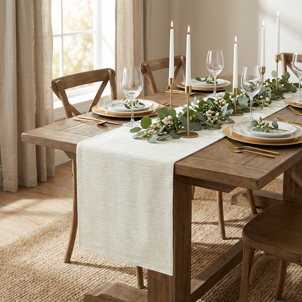 Luxury Boucle Table Runner Ivory on a natural brown dinner table 
