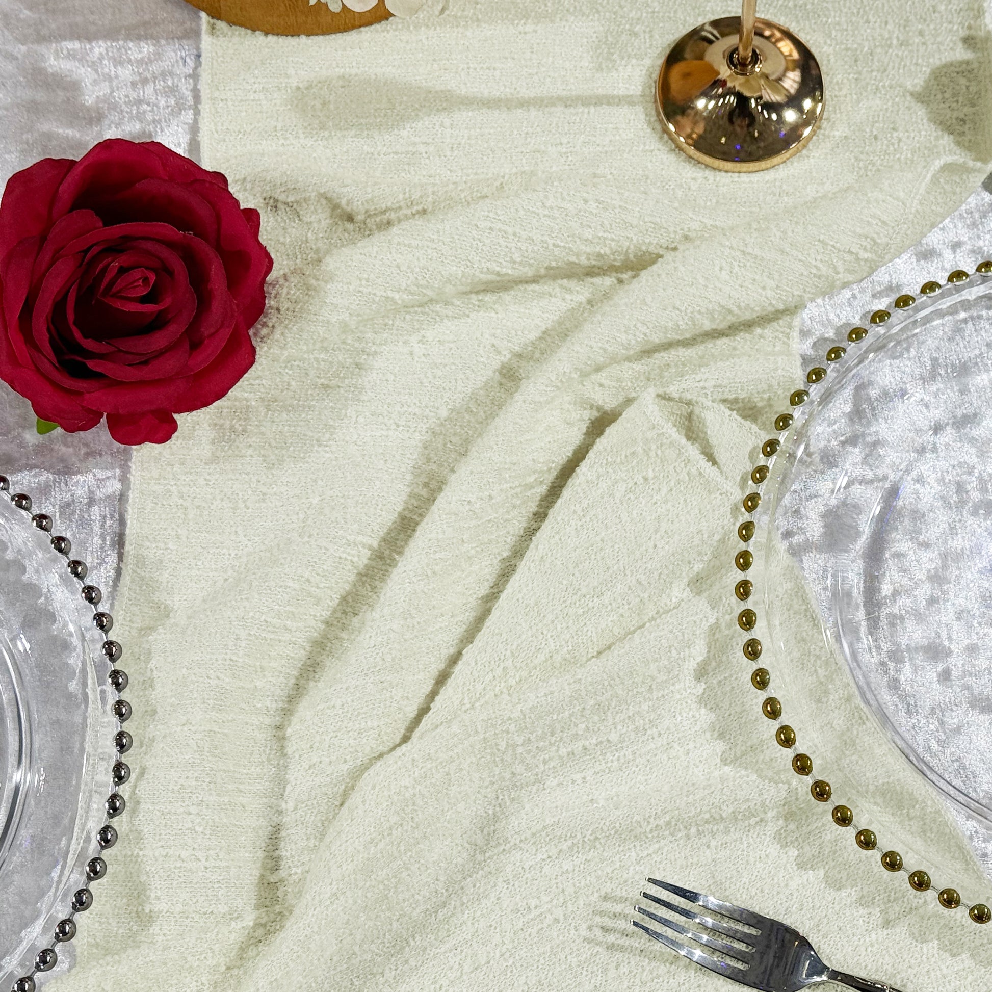 Luxury Boucle Table Runner Ivory ruched in the center of the table