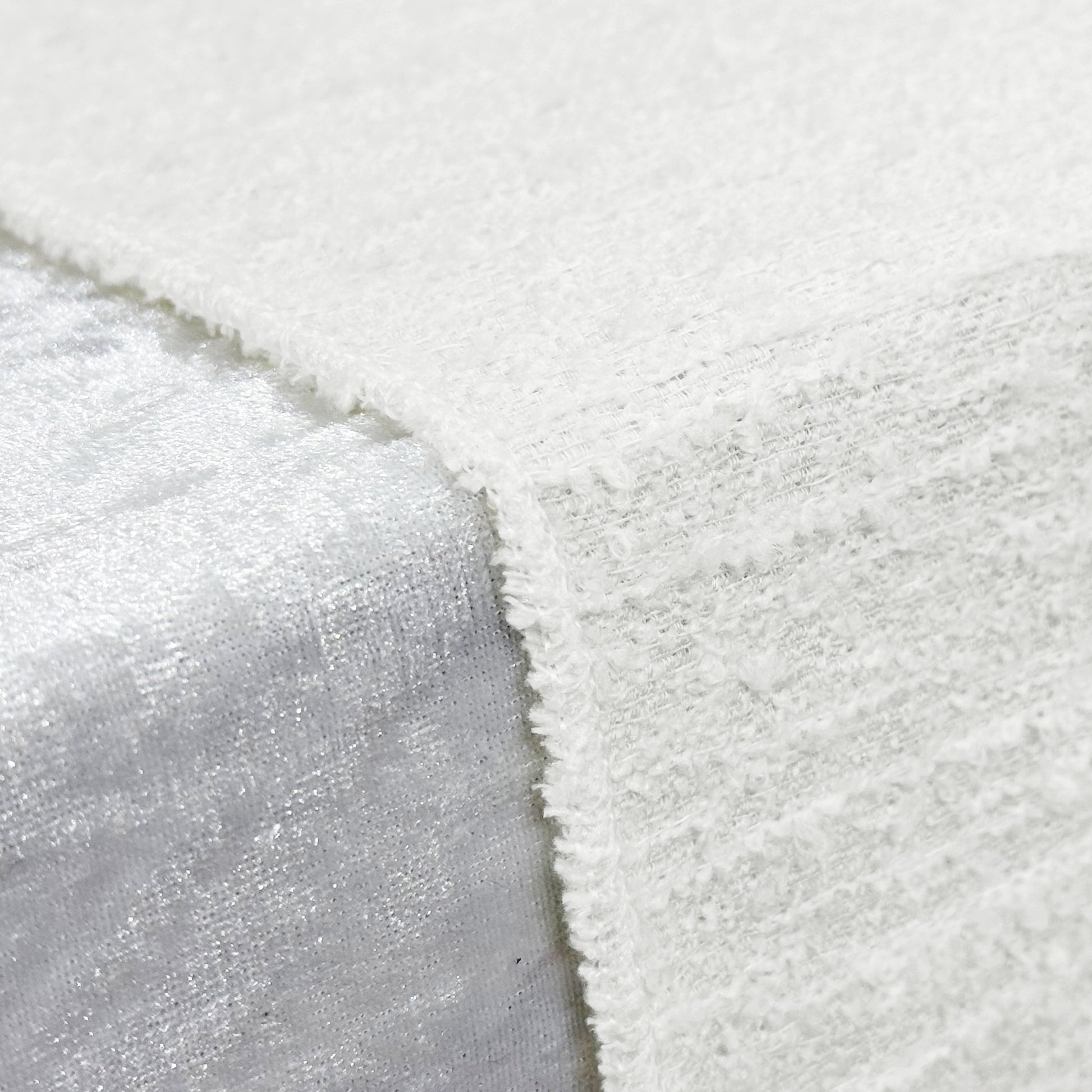 Luxury Boucle Table Runner White serged edge close up
