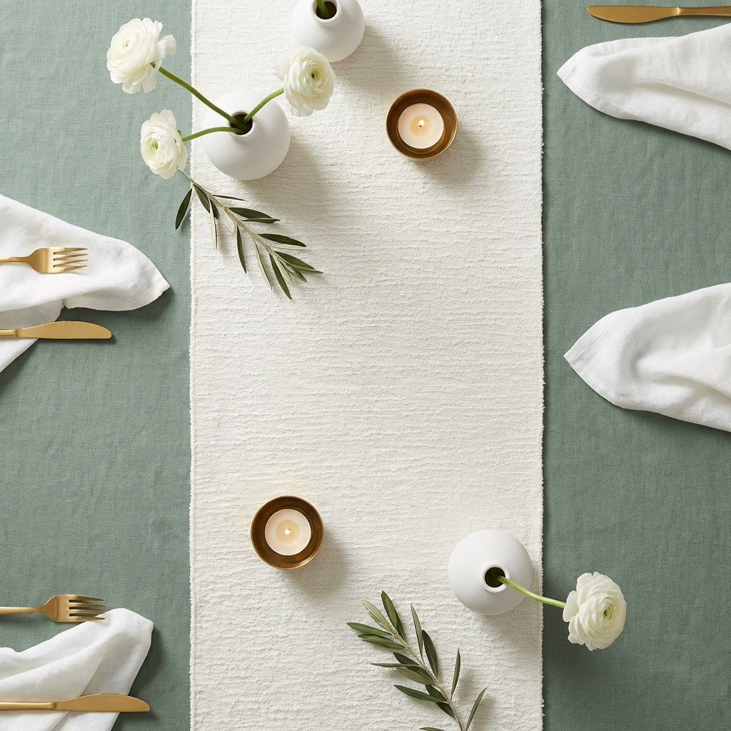 birdseye view of the Luxury Boucle Table Runner White close up

