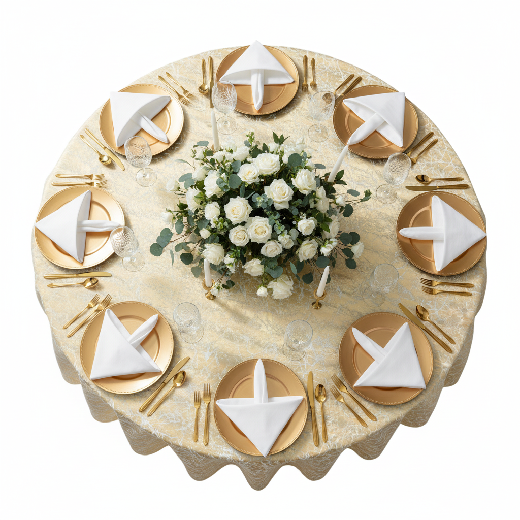 top view table setup with Marble Reversible Jacquard Tablecloth 120" Round  - Gold